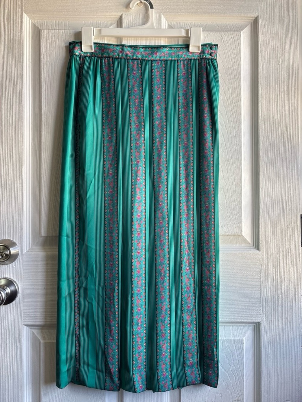 Vintage Prophecy Women's Green Striped Satin Pleated Midi Skirt Size 8